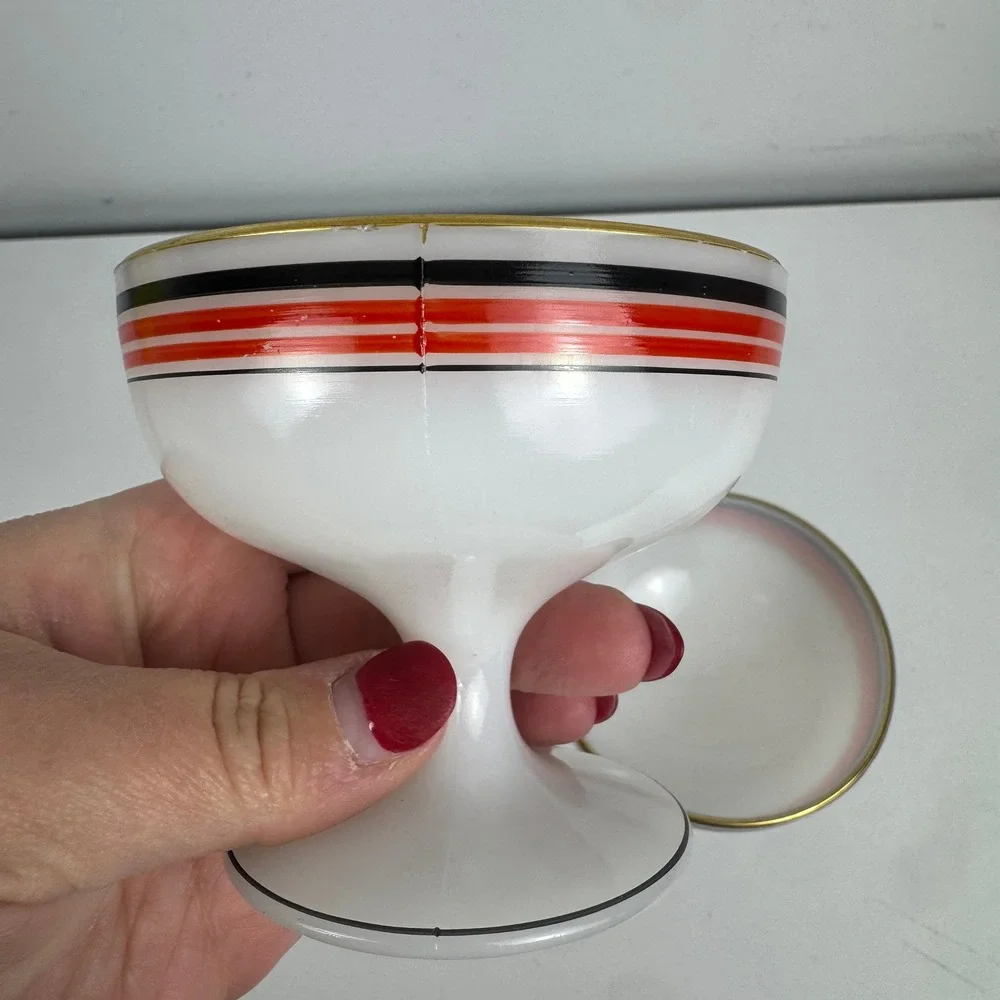 Vtg Platonite MCM Dessert Bowls Red Black Gold Striped Footed Sherbet Set of 2‎